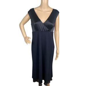 St John Evening $1095 Black Satin V-neck Draped Back Knit Midi Dress SZ 12